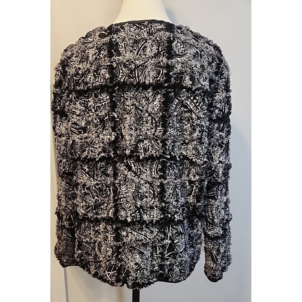Chicos Black White Paisley Silk Blend Fringe Ruffle Open Front Jacket Womens 1 - Picture 2 of 6